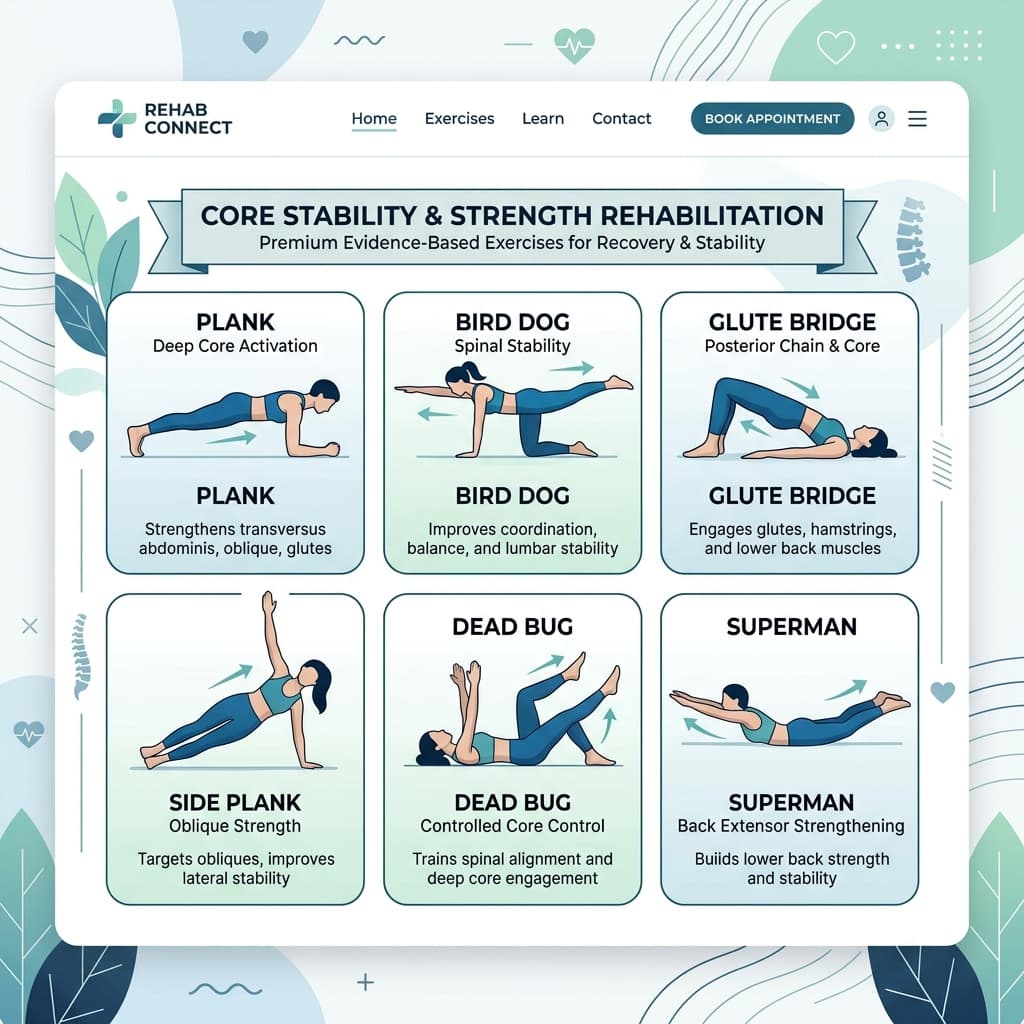 Infographic detailing core stability rehabilitation exercises: Plank, Bird Dog, Glute Bridge, Side Plank, Dead Bug, and Superman